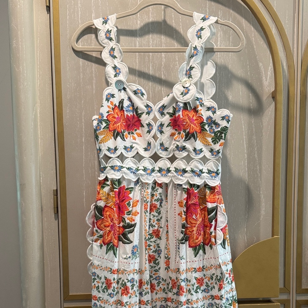 FARM Rio White Floral Embroidered Midi Dress